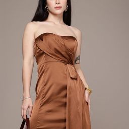 bebe Gathered Satin Finish Bandeau Dress-image-52
