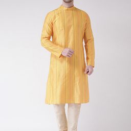 DEYANN Men Yellow & Beige Woven Design Straight Kurta-picture-13