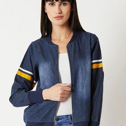 Miss Chase Women Navy Blue Solid Denim Bomber-image-61