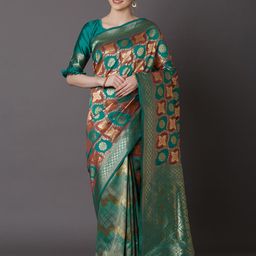 Mitera Teal Green Silk Blend Woven Design Kanjeevaram Saree-image-29