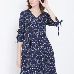 DODO & MOA Women Navy Blue Floral Print Fit and Flare Dress-13