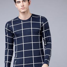 HIGHLANDER Men Navy Blue & White Checked Round Neck T-shirt-image-84