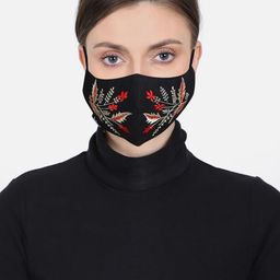 Anekaant Women Black & Red Embroidered 3-Ply Reusable Fabric Fashion Mask-13