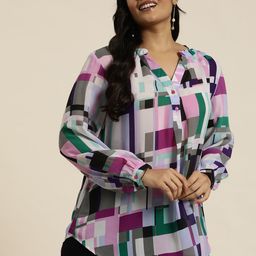 Qurvii+ Plus Size Geometric Print Mandarin Collar Georgette Shirt Style Longline Top-58