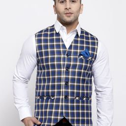 KLOTTHE Men Blue & White Checked Nehru Jacket-image-42