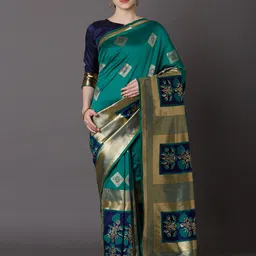 Mitera Teal Silk Blend Woven Design Kanjeevaram Saree-44