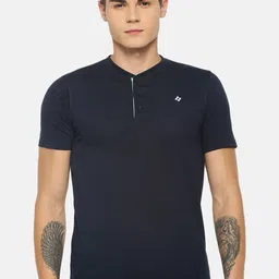 Dollar Men Navy Blue Solid Henley Neck T-shirt-image-82