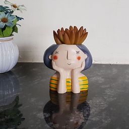 Wonderland Yellow & Beige Girl Thinking Resin Planter-14