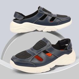 FAUSTO Men Navy Blue & Red PU Shoe-Style Heels-8