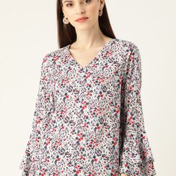her by invictus Women Off-White & Charcoal Grey Floral Printed Bell Sleeves Top-image-75