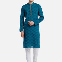 PAROKSH Men Teal Blue Woven Design Cotton Thread Work Handloom Kurta-53