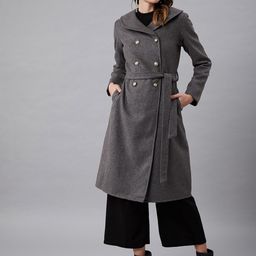 Athena Women Grey Solid Longline Double-Breasted Wool Pea Coat-21