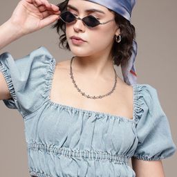 The Roadster Life Co. Pure Cotton Smocked Ruched Puff Sleeve Denim Crop Top-image-99