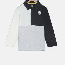 MINI KLUB Boys Grey Melange  White Colourblocked Polo Collar Pure Cotton T-shirt-image-41