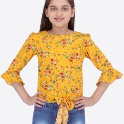 CUTECUMBER Yellow Floral Printed Bell Sleeves Georgette Regular Top-14