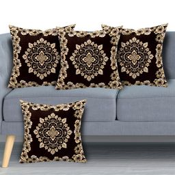 Kuber Industries Brown & Beige Set of 4 Floral Velvet Square Cushion Covers-60