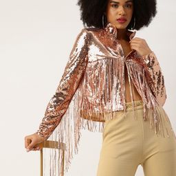 bebe Fringed Sequined Embellished Crop Open Front Party Jacket-9