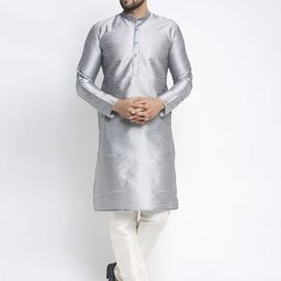 Jompers Men Silver-Coloured & White Solid Kurta with Pyjamas-image-53