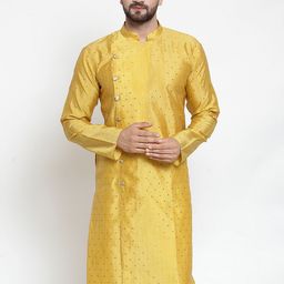 Jompers Men Yellow Jacquard Weave Woven Design Straight Kurta-13