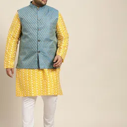 SOJANYA PLUS Men Yellow & White Chikankari Embroidered Kurta with Churidar & Nehru Jacket-image-82