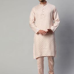 MANQ Men Pink Ethnic Motifs Chanderi Cotton Kurta with Pyjamas-picture-12