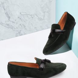 FAUSTO Men Green & Black Colorblocked Loafers-image-35