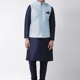 DEYANN Men Blue & Navy Blue Printed Kurta Set-image-93