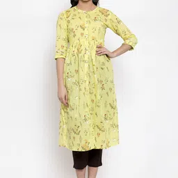 Indibelle Women Yellow Floral Printed A-Line Kurta-image-40