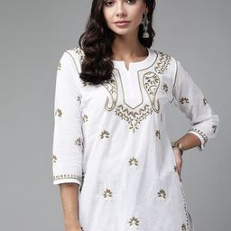 ADA White & Green Ethnic Motifs Embroidered Chikankari Handloom Kurti-image-74