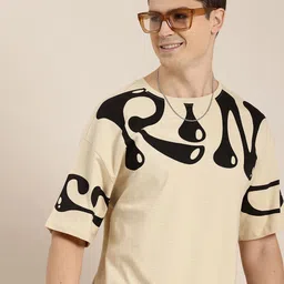 HERE&NOW Pure Cotton Typography Printed Drop-Shoulder Sleeves T-shirt-picture-10