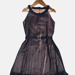 Peppermint Girls Navy Blue Self Design Fit and Flare Dress-image-29