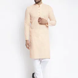 Jompers Men Peach-Coloured & White Printed Kurta with Churidar-picture-5
