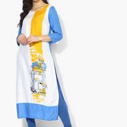 RANGMANCH BY PANTALOONS Women White & Yellow Quirky Printed Kurta-image-38