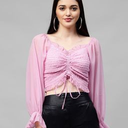 Athena Lavender Bell Sleeves Smocking Crop Georgette Top-image-26