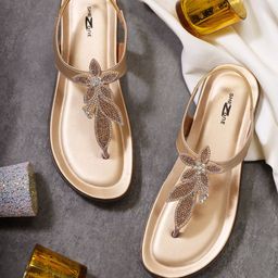 Shezone Women Gold-Toned Embellished Open Toe Flats-66