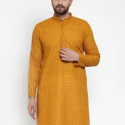 Jompers Men Mustard Yellow Thread Work Straight Kurta-48