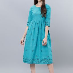 Vishudh Women Turquoise Blue Printed Fit and Flare Dress-image-16