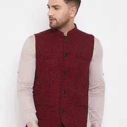 even Men Maroon Woven Design Nehru Jacket-20
