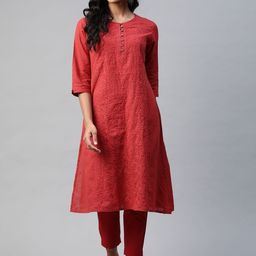 akheri Women Red Floral Embroidered Chikankari Cotton Anarkali Kurta-picture-48
