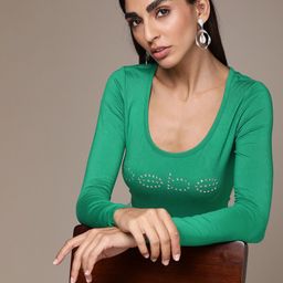 bebe Women Green Slim Fit Brand Logo Embellished T-shirt-picture-16