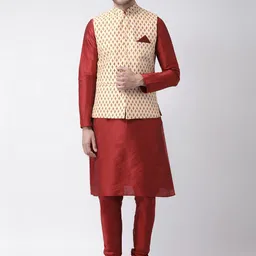 DEYANN Men Cream-Coloured & Red Printed Kurta Set-10
