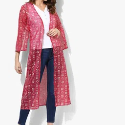 RANGMANCH BY PANTALOONS Women Red & White Printed Longline Sheer Shrug-24