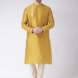 DEYANN Men Yellow Solid Dupion Silk Straight Kurta-image-37