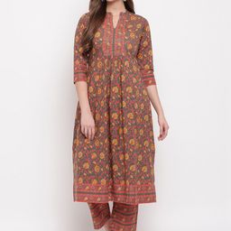 Vbuyz Women Grey & Coral Orange Floral Print Kurta with Palazzos-image-63