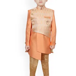 SG YUVRAJ Boys Orange & Gold-Coloured Woven-Design Woven-Design Raw-Silk Sherwani-39