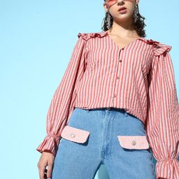 plusS Charming Red Vertical Striped Ruffled Top-image-8