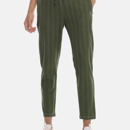 Campus Sutra Men Olive Green & White Striped Straight-Fit Cotton Track Pants-image-62