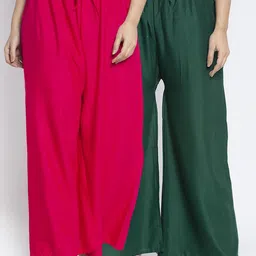 GRACIT Women Pink & Green Set of 2 Solid Wide Leg Palazzos-image-32