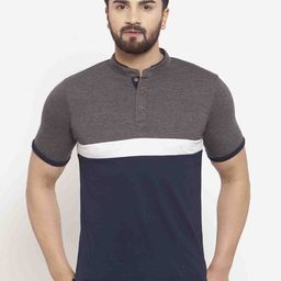 Kalt Men Navy Blue & Grey Colourblocked Mandarin Collar T-shirt-image-24