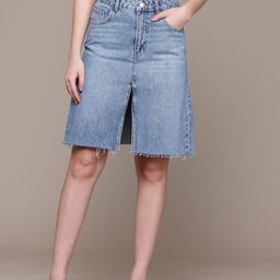 MANGO Washed Effect Mid-Rise Pure Cotton A-Line Denim Skirt with Front Slit-40